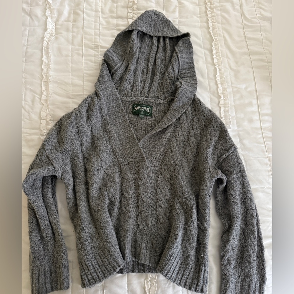 Gray Cable Knit Hooded Sweater
